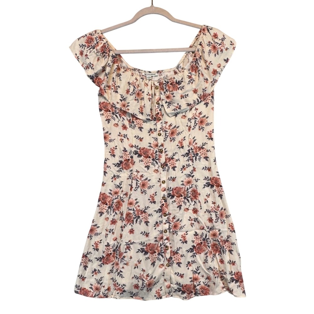 American Eagle Mini Milkmaid Dress Womens 6 Ruffle Off Shoulder‎ Pink Cream